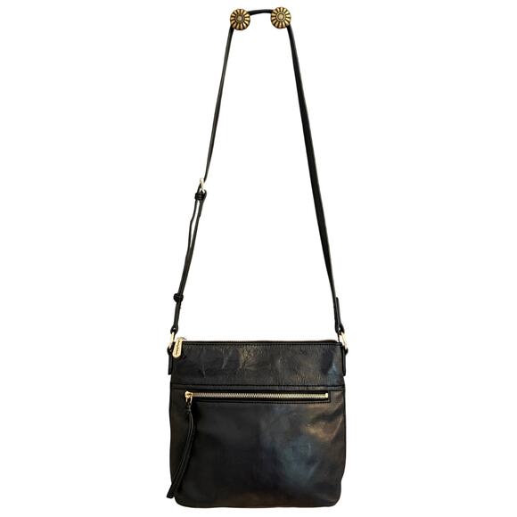 Tommy Bahama Black Leather Crossbody Bag Gold Zip Early 2000s Adjustable Strap - Picture 2 of 16